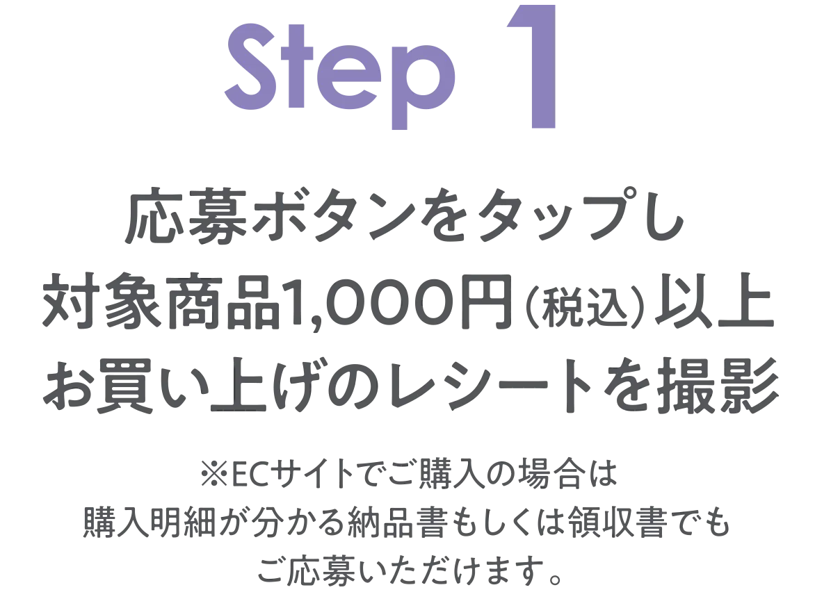 STEP1 応募ボタンをタップし対象商品1,000円（税込）以上お買い上げのレシートを撮影　※ECサイトでご購入の場合は購入明細が分かる納品書もしくは領収書でもご応募いただけます